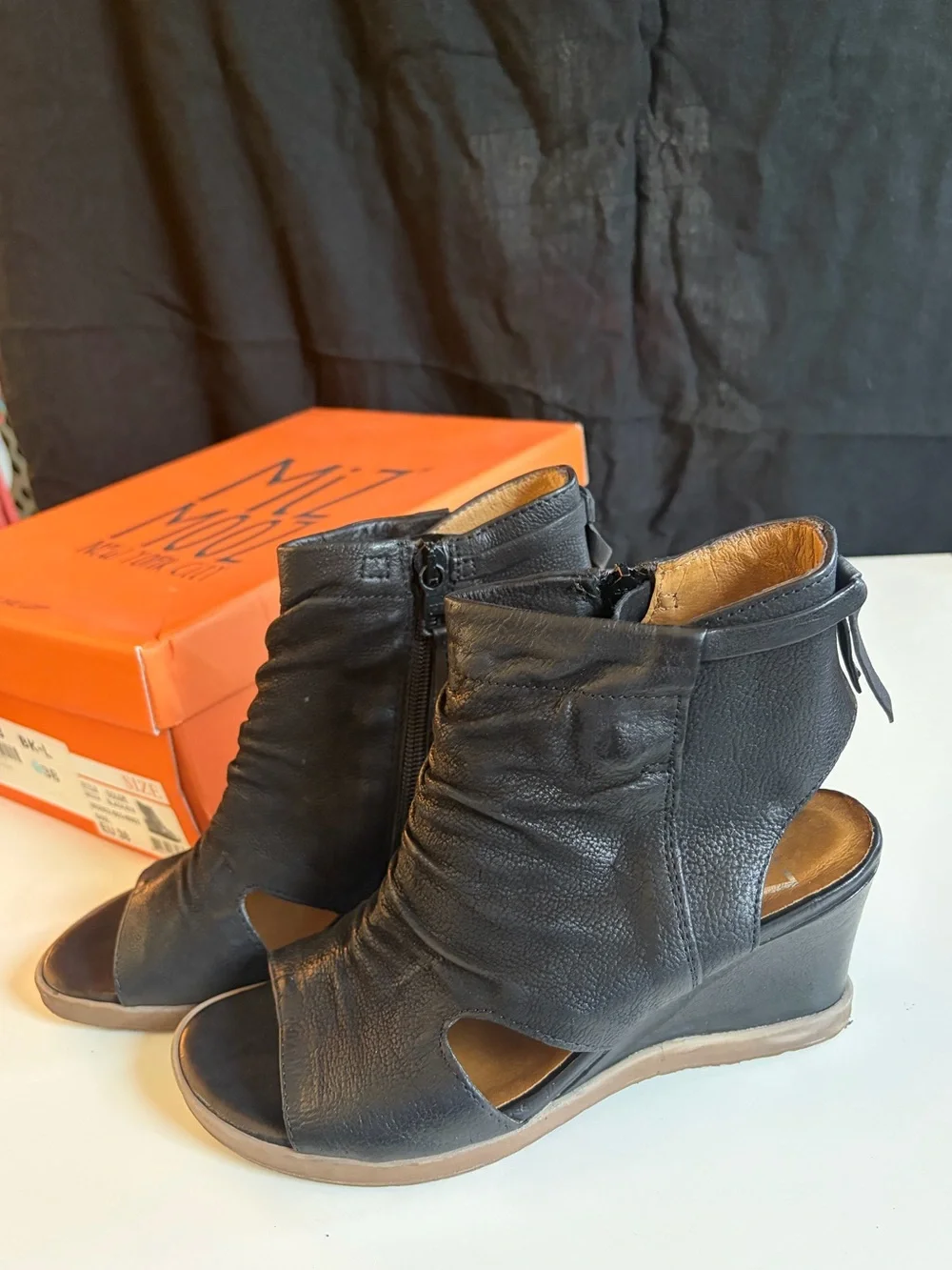 Miz Mooz Becca size 38 (8 ish women )Wedge Peep-Toe Ankle Boots in Black
